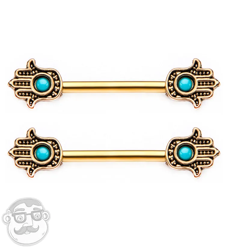 14G Gold PVD Hamsa Hand Nipple Ring Barbell