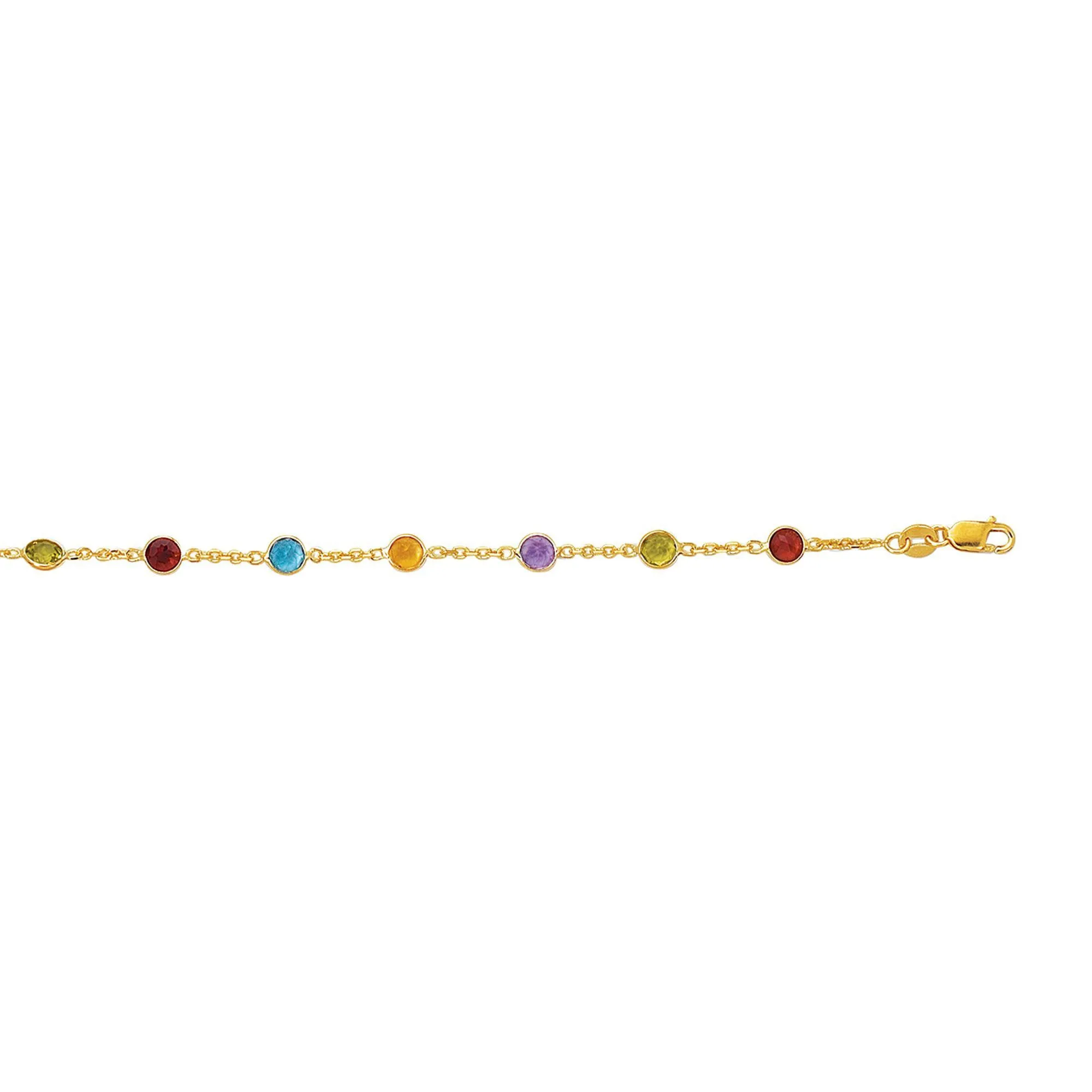 14k Yellow Gold Cable Chain Link Anklet And Alternate Round Faceted 5 Color Stones, 10"