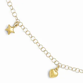 14K Yellow Gold Polished Hearts and Stars Anklet