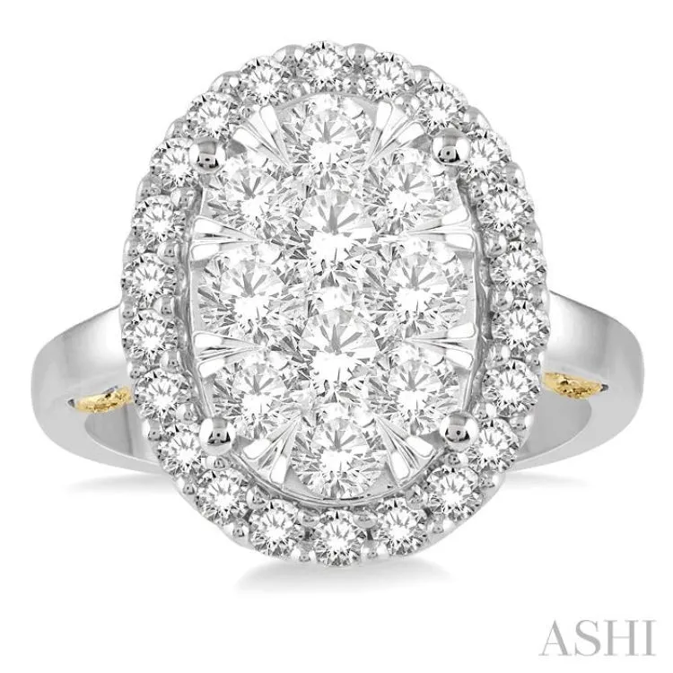 2 Ctw Oval Shape Lovebright Diamond Cluster Ring in 14K White and Yellow Gold