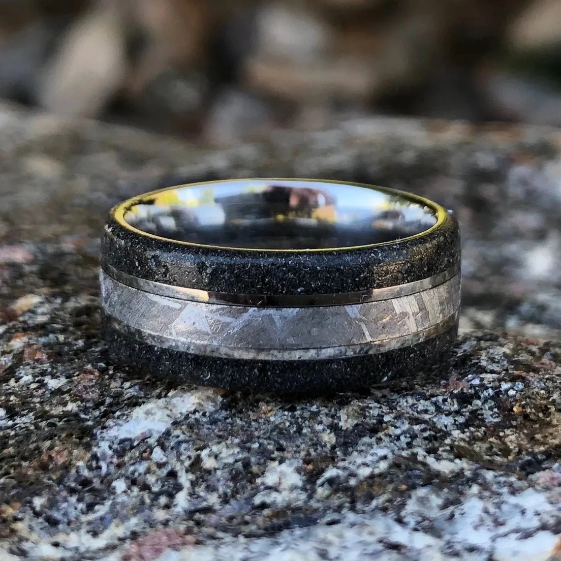 8mm Gibeon Meteorite Ring with Cosmic Dark Stardust Edges, Stardust Meteorite Wedding Band