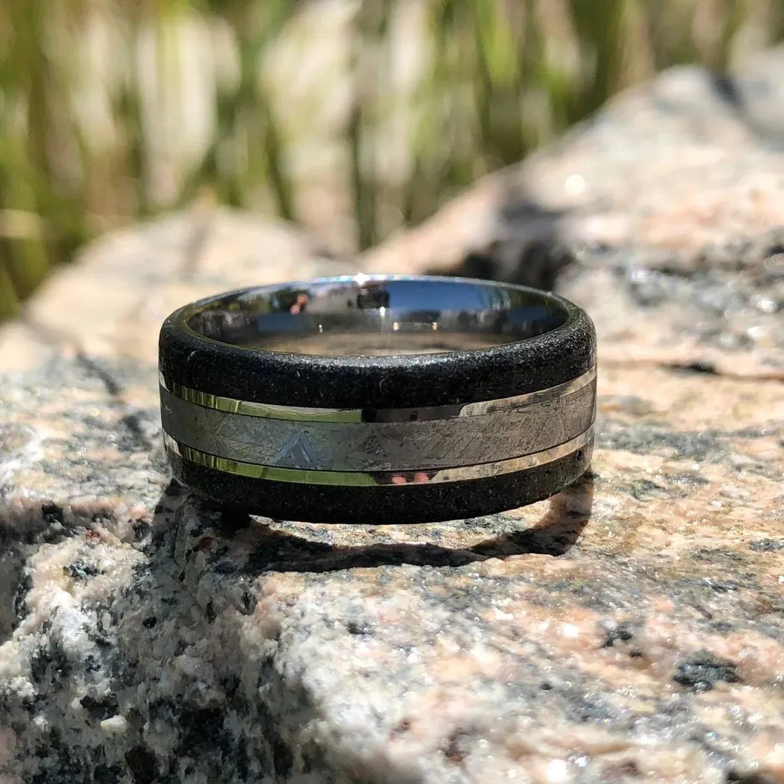 8mm Gibeon Meteorite Ring with Cosmic Dark Stardust Edges, Stardust Meteorite Wedding Band