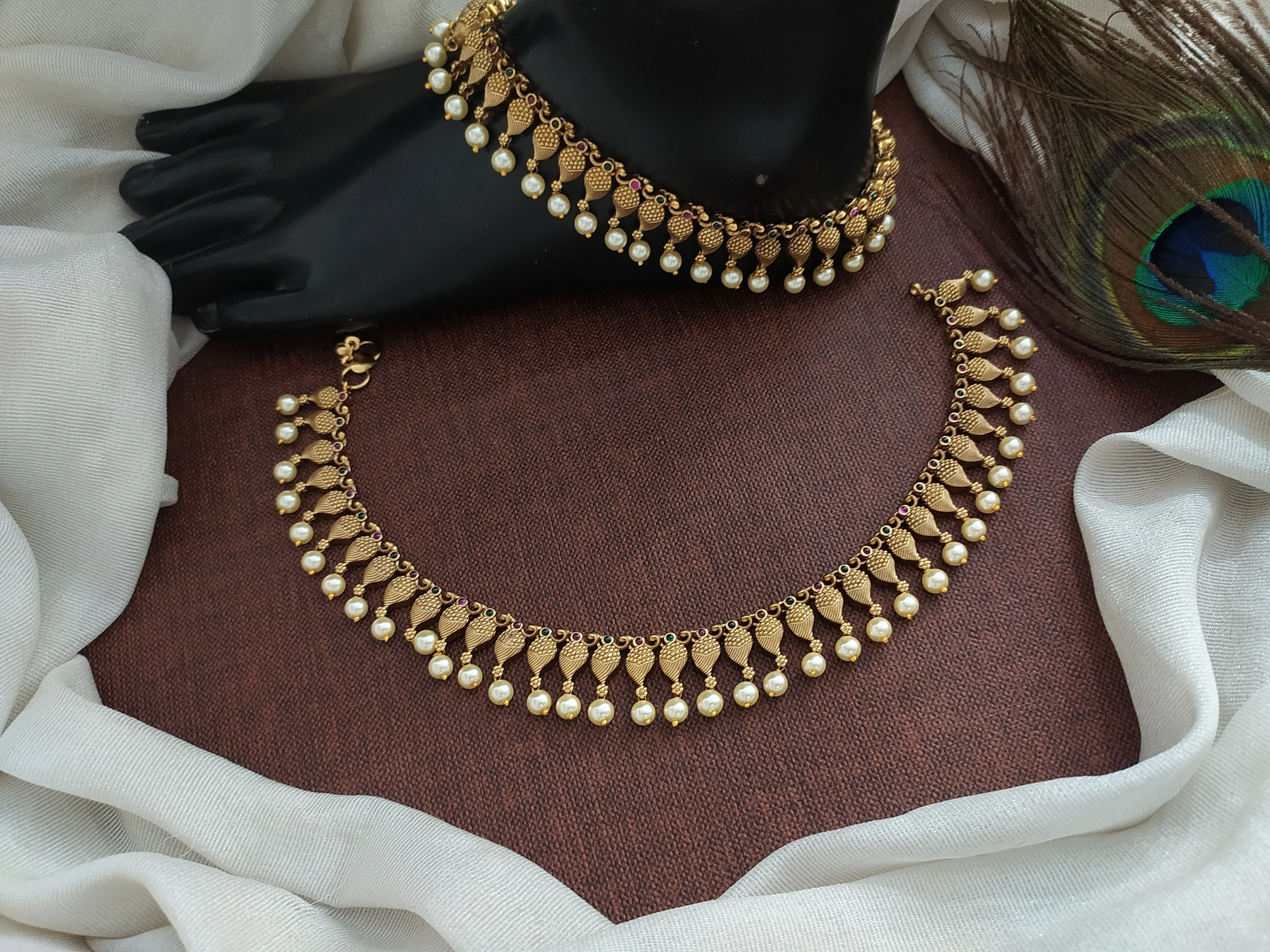 Antique Peacock Designed Anklets with Pearl Drops