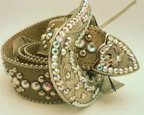 B.B Simon Swarovski Crystal Embellished Western Belt on Taupe Metallic Leather Strap