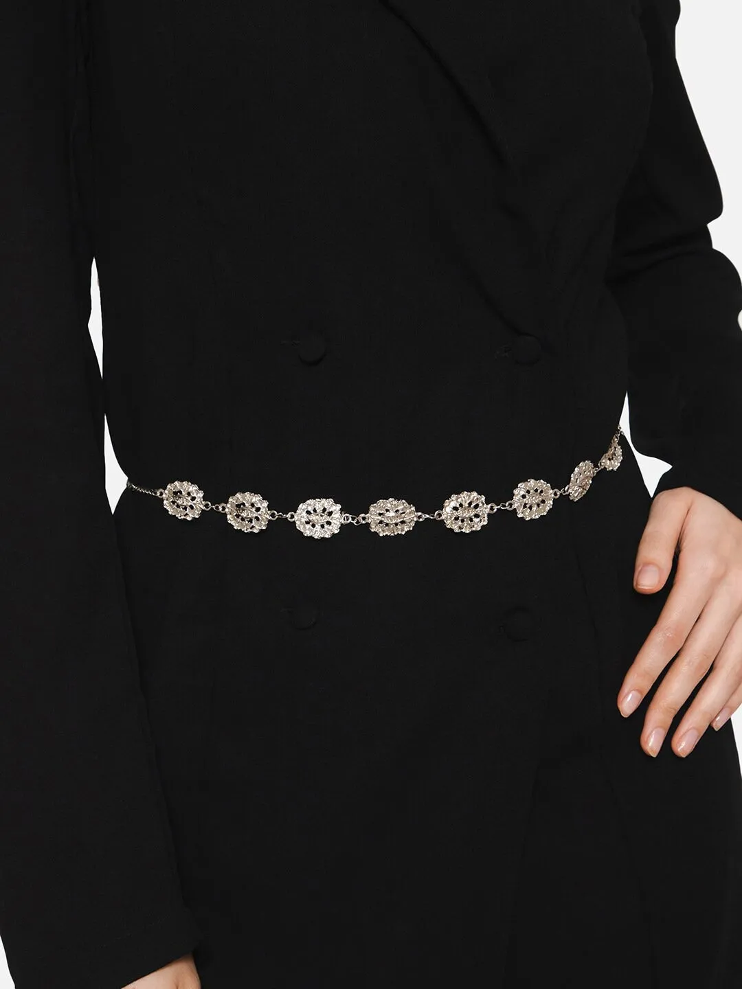 Berrylush Women Silver-Toned Metal Slim Interlock Embellished Chain Belt