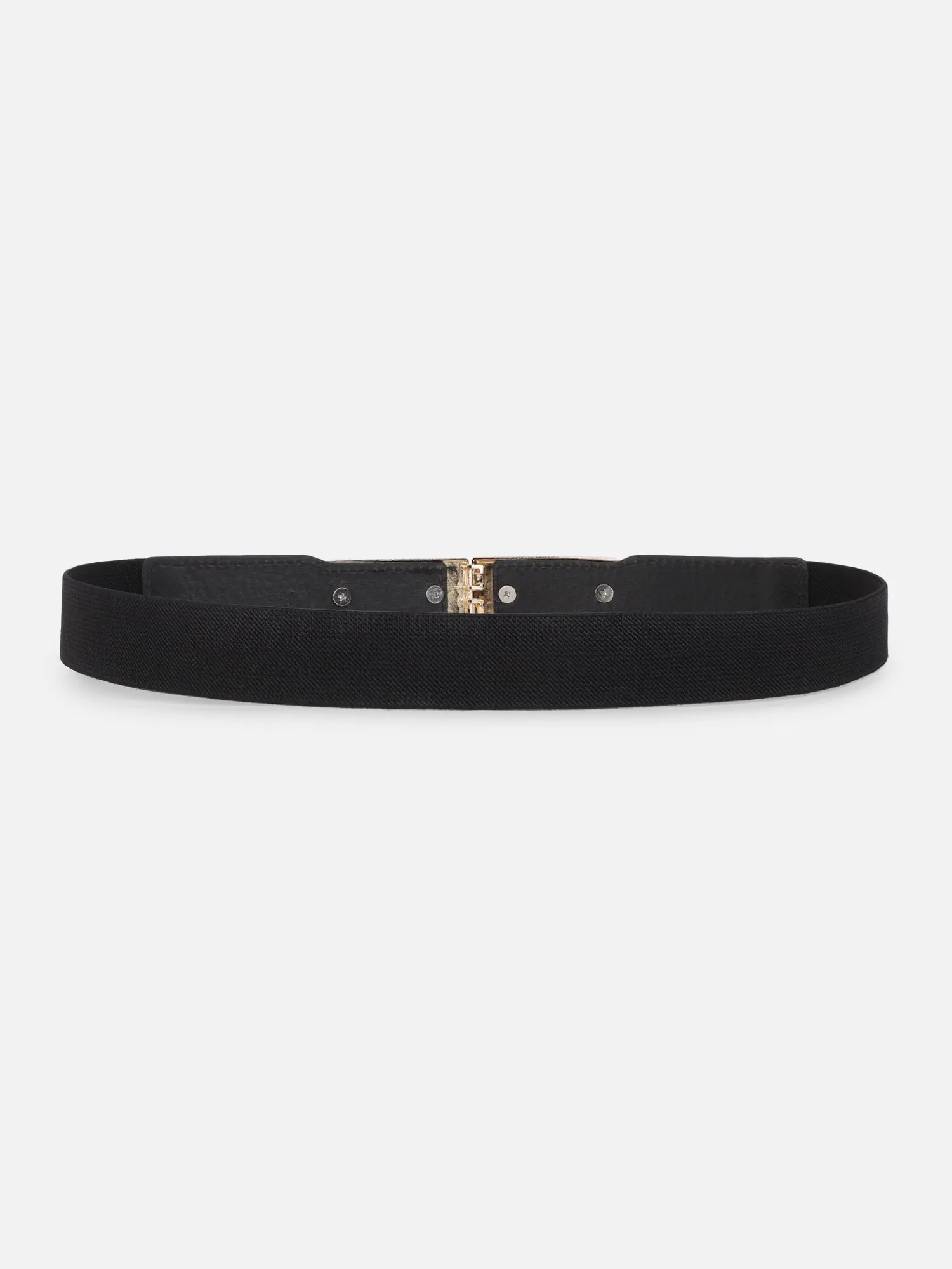 Berrylush Women Solid Black Golden Embellished PU Nylon Interlock Regular Slim Belt