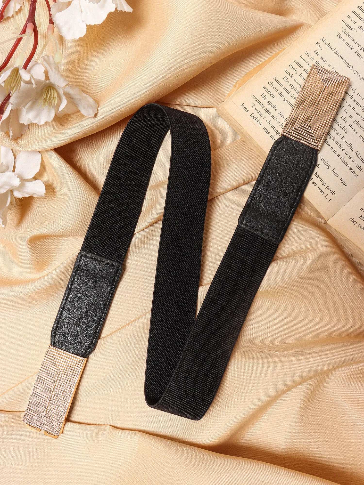 Berrylush Women Solid Black Golden Embellished PU Nylon Interlock Regular Slim Belt