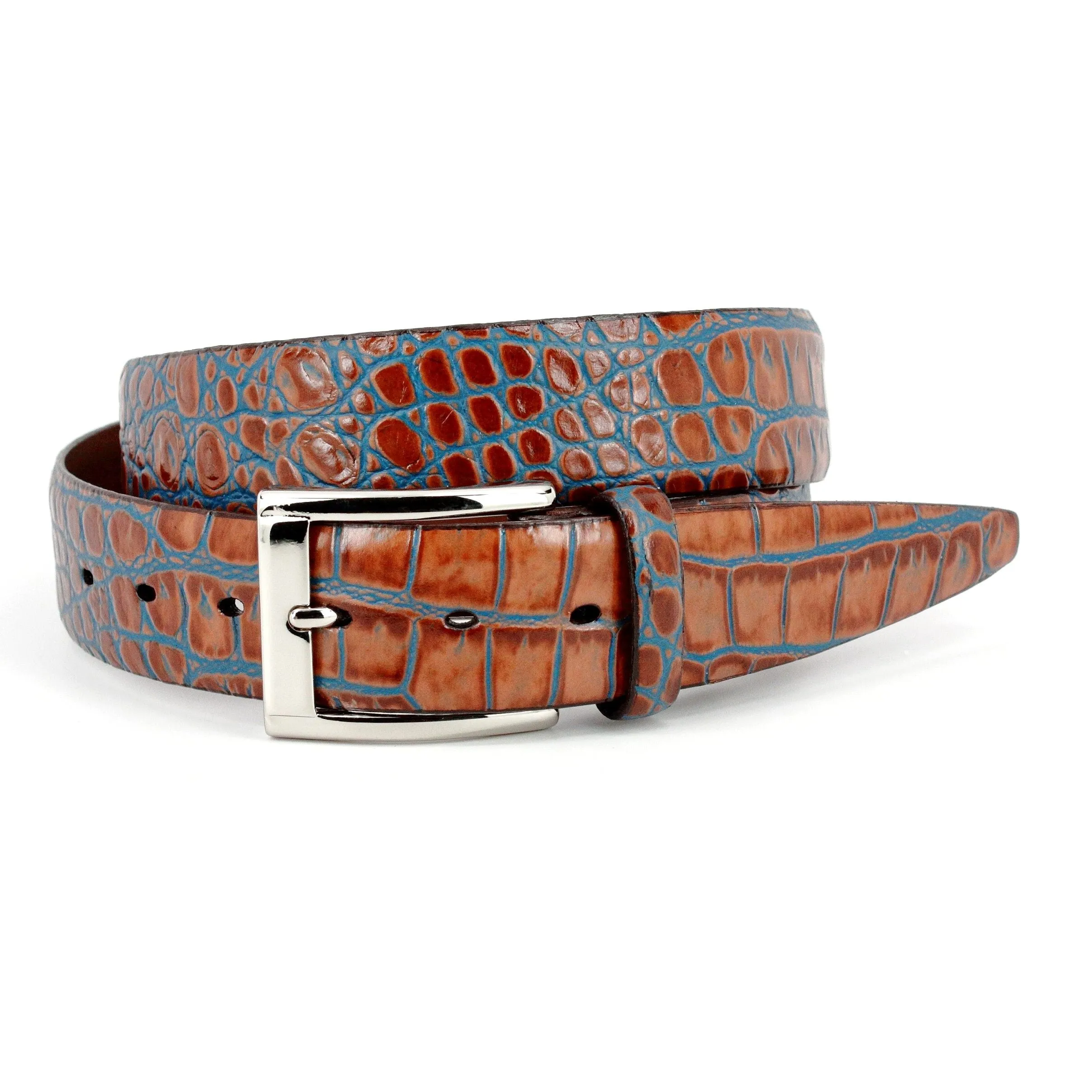 Bi-Color Crocodile Embossed Calfskin Belt in Tan and Blue by Torino Leather