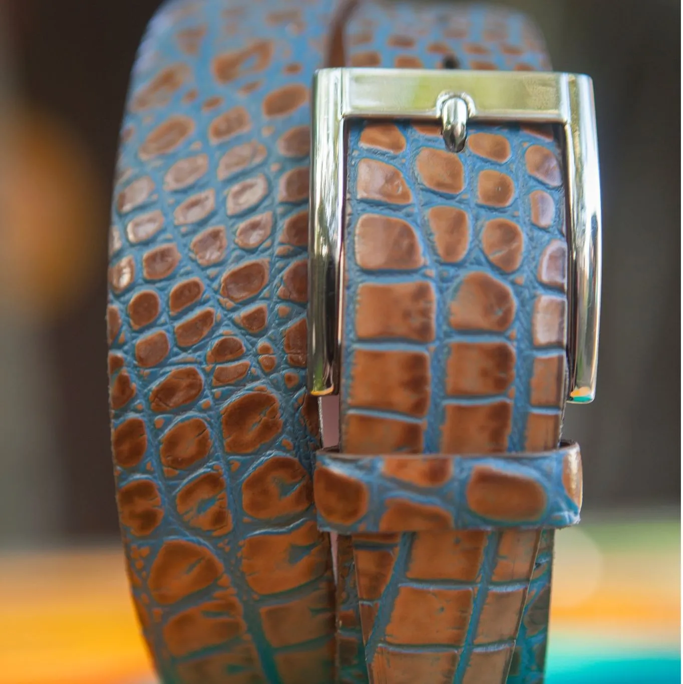 Bi-Color Crocodile Embossed Calfskin Belt in Tan and Blue by Torino Leather