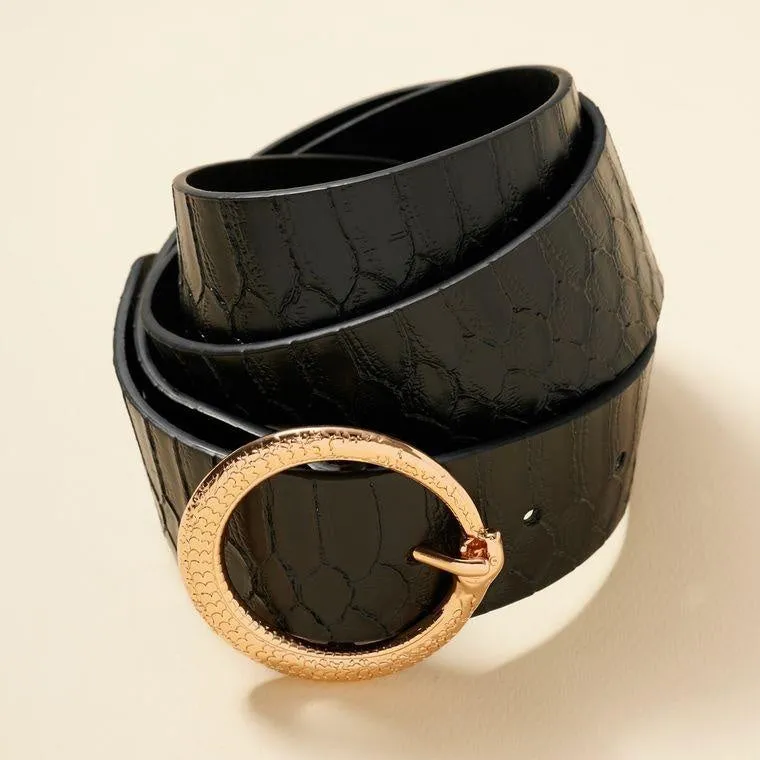 Black Round Metal Buckle Animal Faux Leather Belt