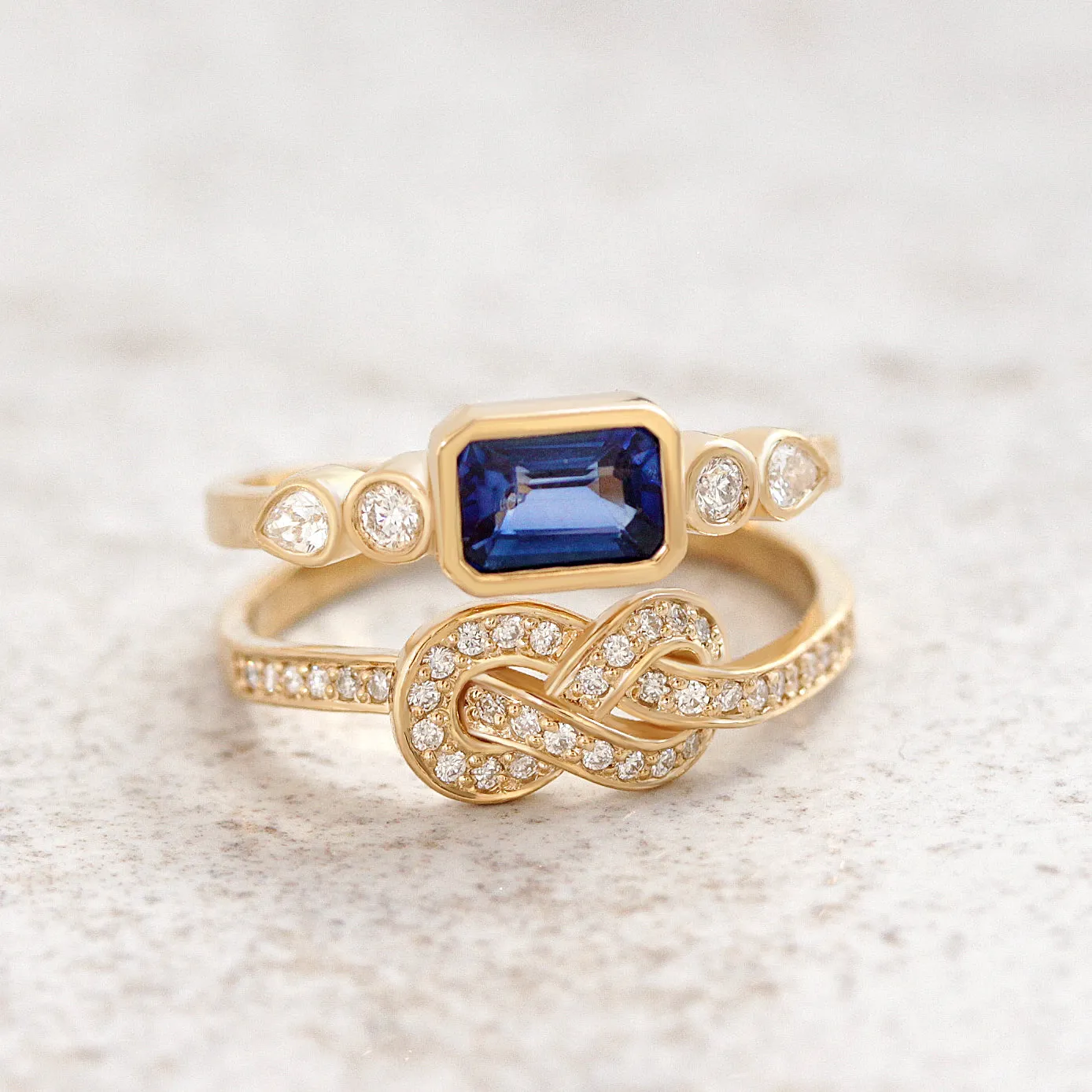 Blue sapphire Infinity Knot, crossover double Gemstone engagement ring