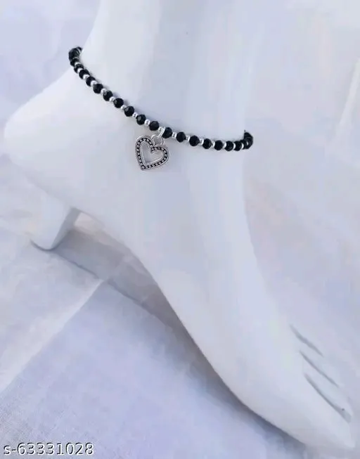 Charming Heart Crystal Anklet for Women & Girls - Adjustable Black &amp; White Chain"