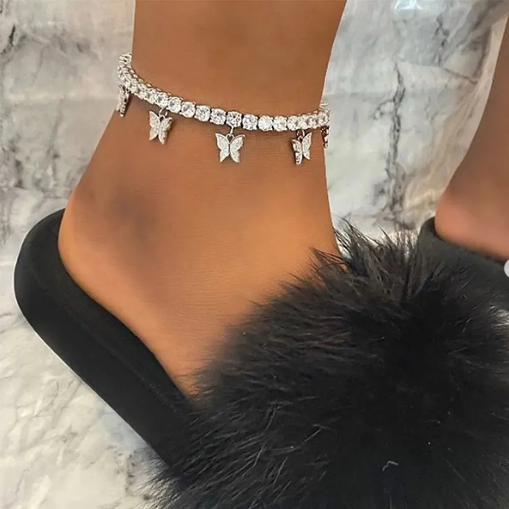 Crystal Butterfly Anklet For Women Foot Jewelry Summer Beach Barefoot