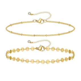 Dainty 14k Gold Plated Layering Anklets Bracelets Set-Sequin & Satellite