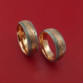 Damascus Steel Ring Set with Rose Gold Mokume Shakudo and Rose Gold Sleeves Custom Made Bands