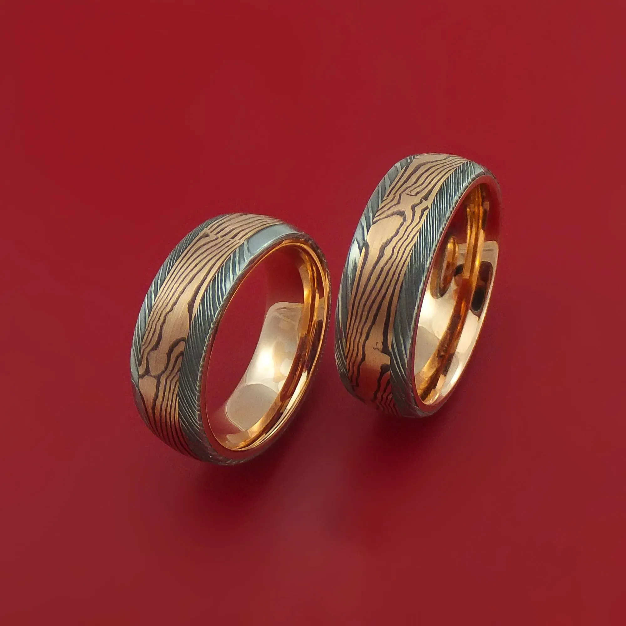 Damascus Steel Ring Set with Rose Gold Mokume Shakudo and Rose Gold Sleeves Custom Made Bands