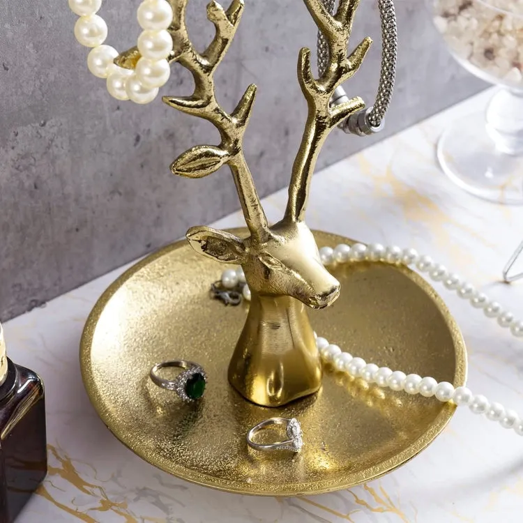 Deer Jewelry Holder Trinket Dish, Brass Tone Metal Reindeer Head Tabletop Ring Tray with Necklace and Bracelet Stand