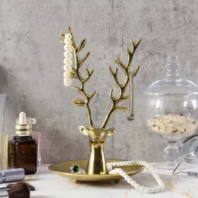 Deer Jewelry Holder Trinket Dish, Brass Tone Metal Reindeer Head Tabletop Ring Tray with Necklace and Bracelet Stand