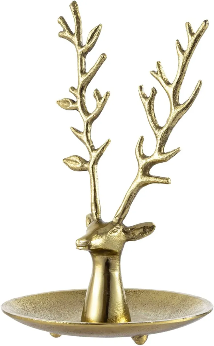 Deer Jewelry Holder Trinket Dish, Brass Tone Metal Reindeer Head Tabletop Ring Tray with Necklace and Bracelet Stand