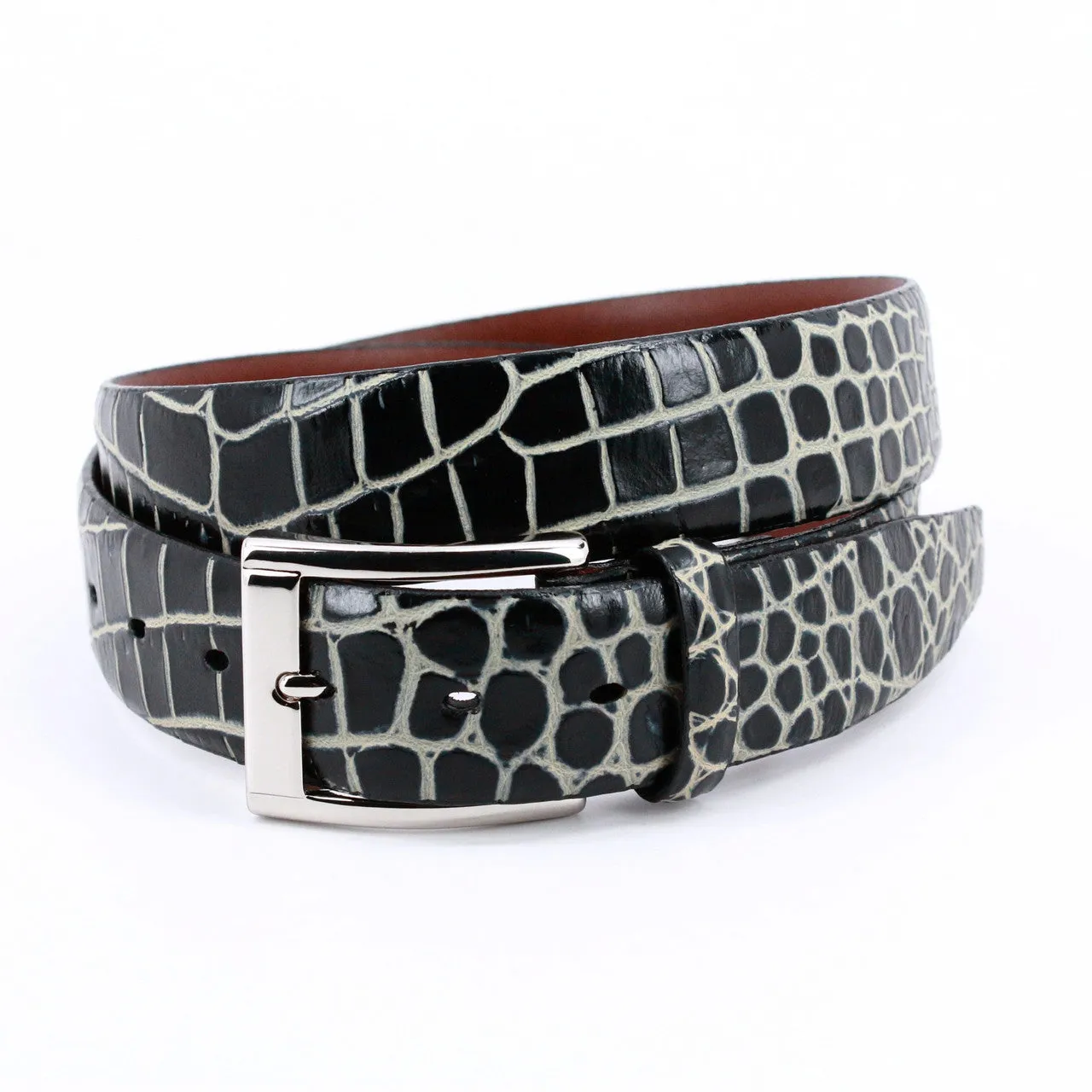 Faux Crocodile Embossed Calfskin Belt - Black / Beige