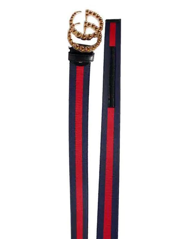 Faux-Pearl Embellished Web Belt Navyblue and Red