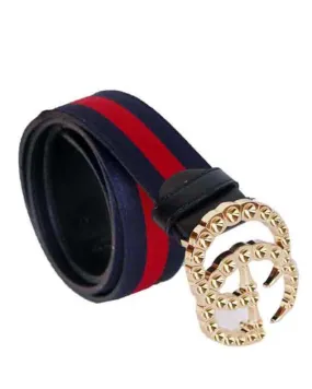 Faux-Pearl Embellished Web Belt Navyblue and Red