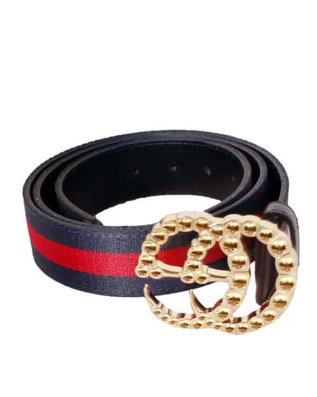 Faux-Pearl Embellished Web Belt Navyblue and Red