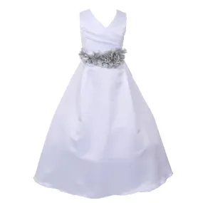 Girls White Silver Flower Sash Full Length Bridal Flower Girl Dress 6-16