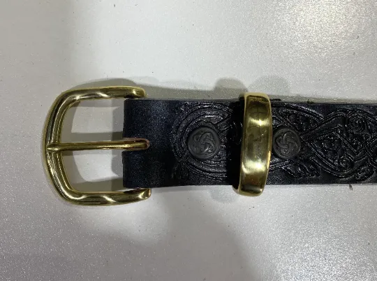 Handmade Leather Belt Full Grain - Hand Dyed Black, Individually Embossed with Celtic design & removable buckle 1.5"/38mm