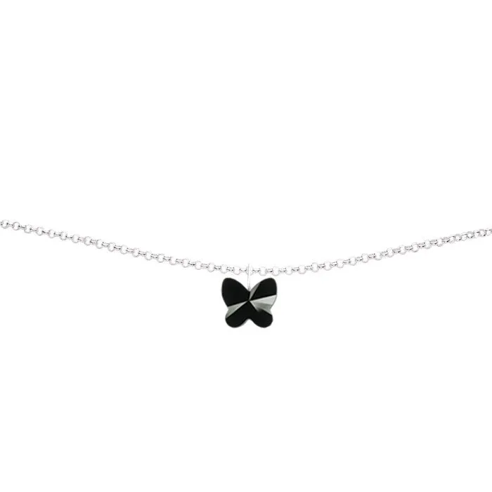 Jet Crystal Butterfly Silver Anklet