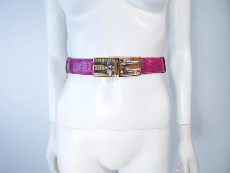 JUDITH LEIBER Magenta Lizard Skin Adjustable Belt with Metal Buckle