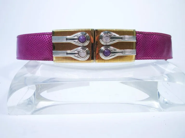 JUDITH LEIBER Magenta Lizard Skin Adjustable Belt with Metal Buckle