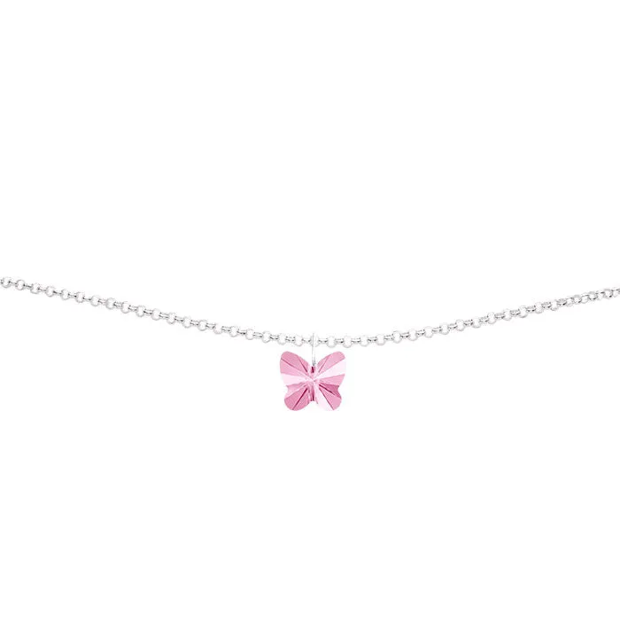 Light Rose Pink Crystal Butterfly Silver Anklet