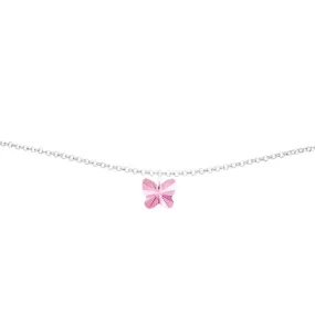 Light Rose Pink Crystal Butterfly Silver Anklet