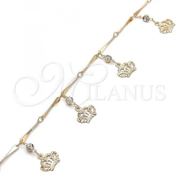 Oro Laminado Charm Anklet , Gold Filled Style Crown and Rattle Charm Design, with White Crystal, Polished, Golden Finish, 03.213.0115.10