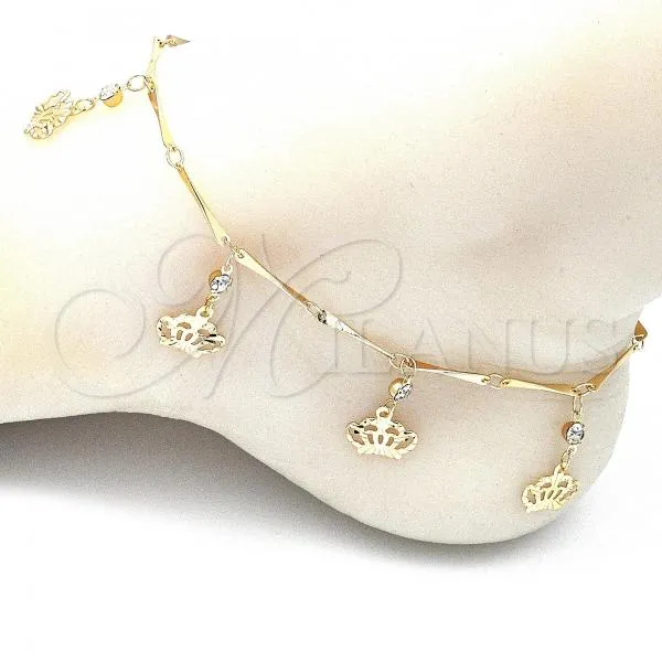 Oro Laminado Charm Anklet , Gold Filled Style Crown and Rattle Charm Design, with White Crystal, Polished, Golden Finish, 03.213.0115.10