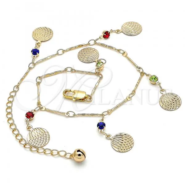 Oro Laminado Charm Anklet , Gold Filled Style Rattle Charm Design, with Multicolor Crystal, Polished, Golden Finish, 03.213.0116.10