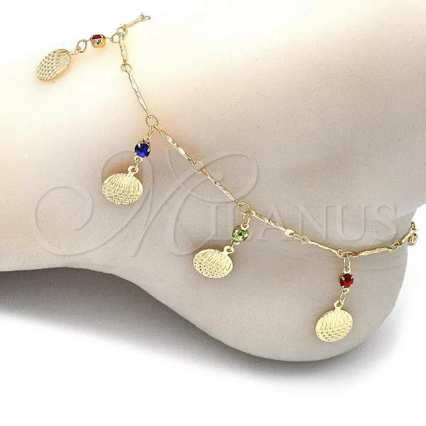 Oro Laminado Charm Anklet , Gold Filled Style Rattle Charm Design, with Multicolor Crystal, Polished, Golden Finish, 03.213.0116.10