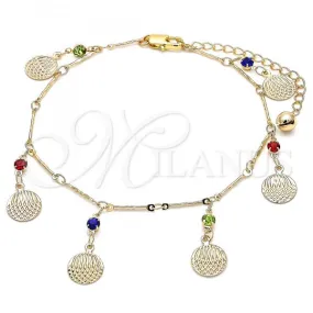 Oro Laminado Charm Anklet , Gold Filled Style Rattle Charm Design, with Multicolor Crystal, Polished, Golden Finish, 03.213.0116.10