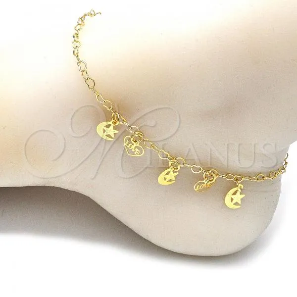 Oro Laminado Charm Anklet , Gold Filled Style Star and Moon Design, Polished, Golden Finish, 03.63.2208.10