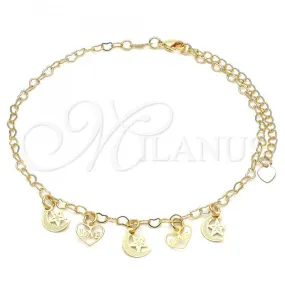 Oro Laminado Charm Anklet , Gold Filled Style Star and Moon Design, Polished, Golden Finish, 03.63.2208.10