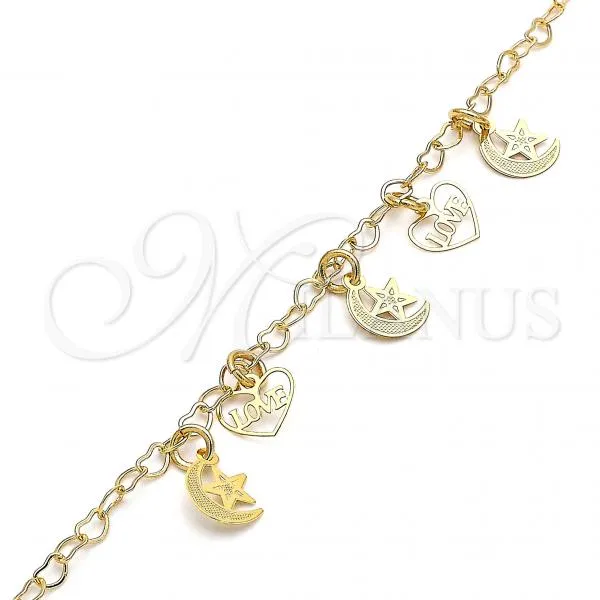 Oro Laminado Charm Anklet , Gold Filled Style Star and Moon Design, Polished, Golden Finish, 03.63.2208.10