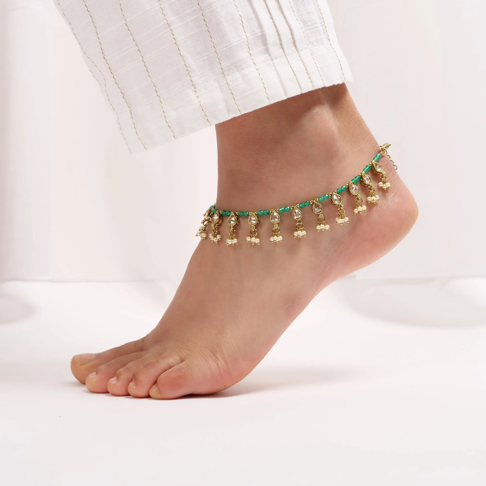 Pearl and Green Bead Crystal Anklet