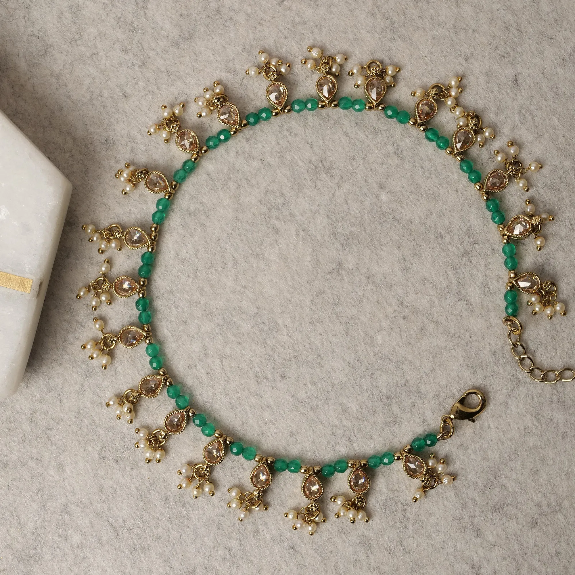 Pearl and Green Bead Crystal Anklet