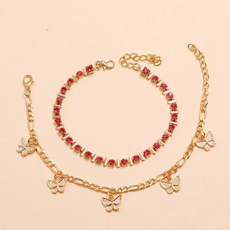 Pink Crystal Stone Butterfly Anklet Set