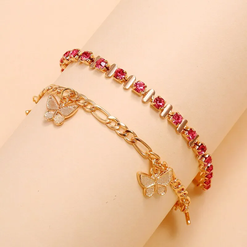 Pink Crystal Stone Butterfly Anklet Set