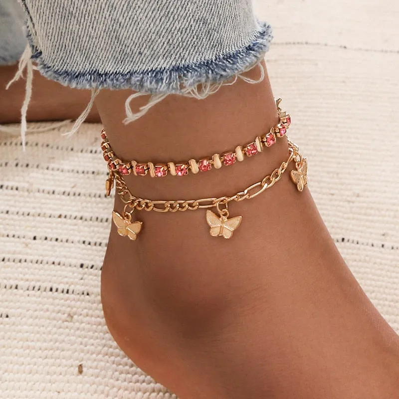 Pink Crystal Stone Butterfly Anklet Set