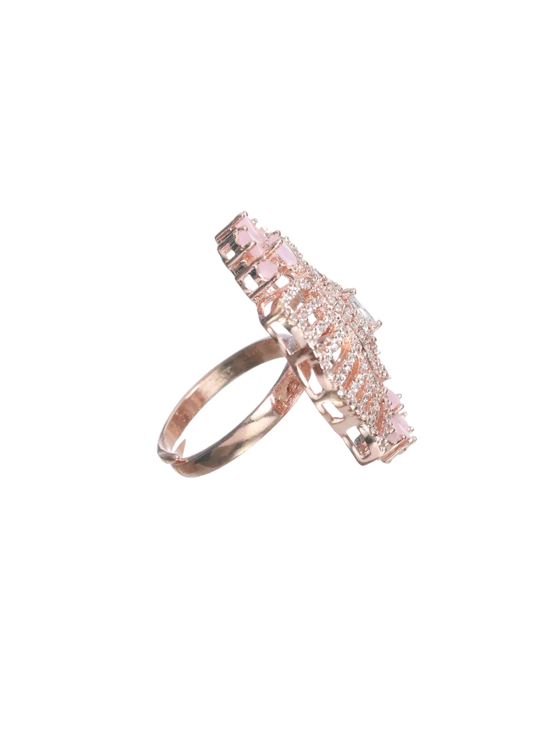 Pinkish Red Rose Gold Plated American Diamond Studded Adjustable Square Shaped Finger Ring