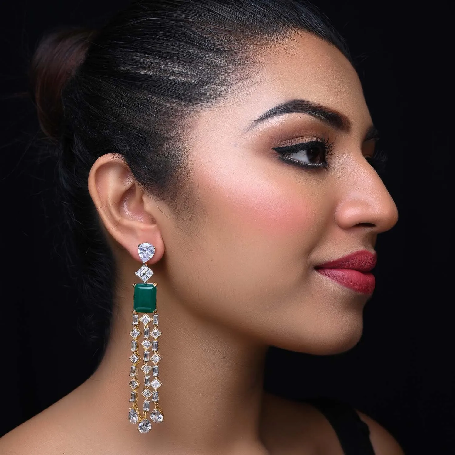 Priyal Green Stoned American Diamond Gold Plated Earrings