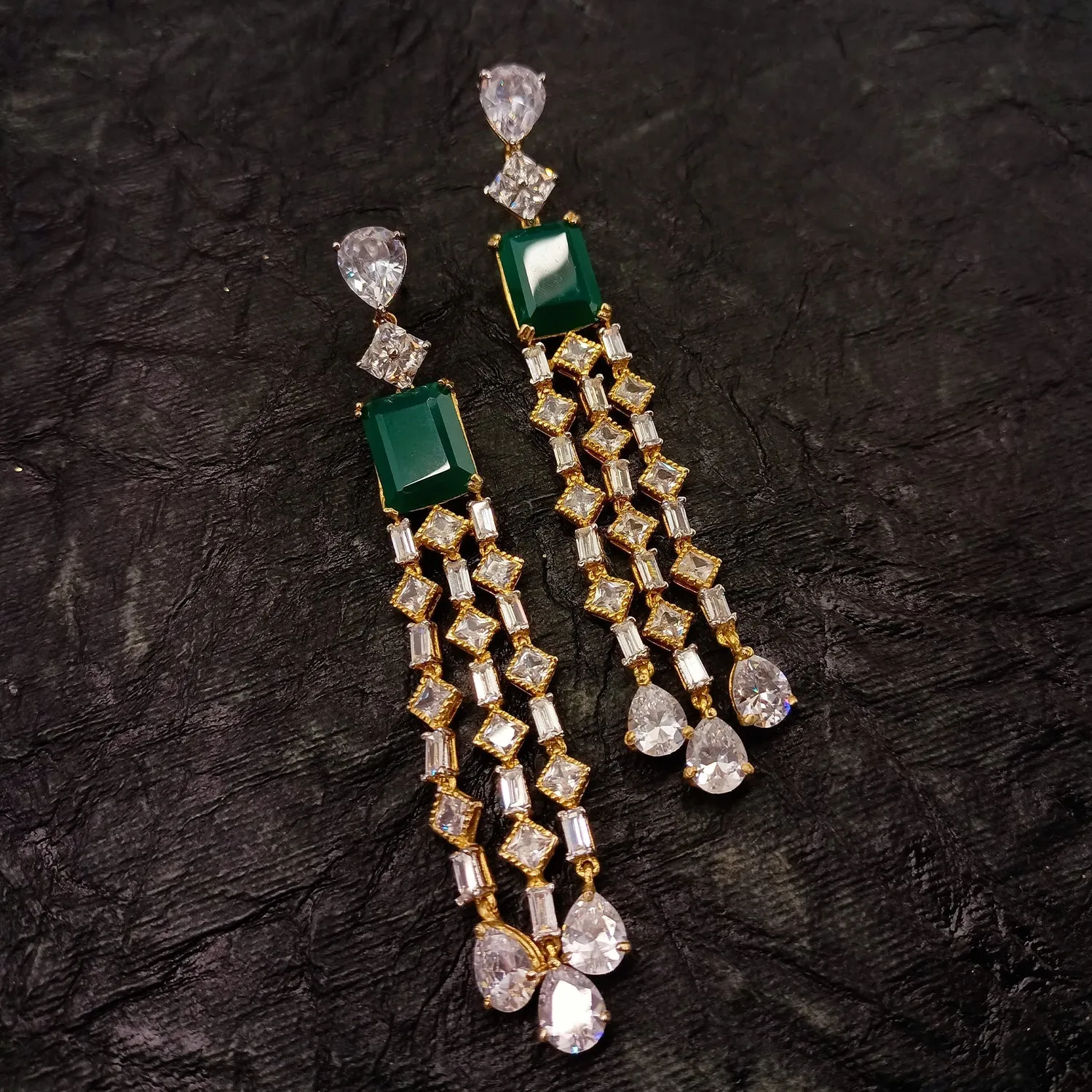 Priyal Green Stoned American Diamond Gold Plated Earrings